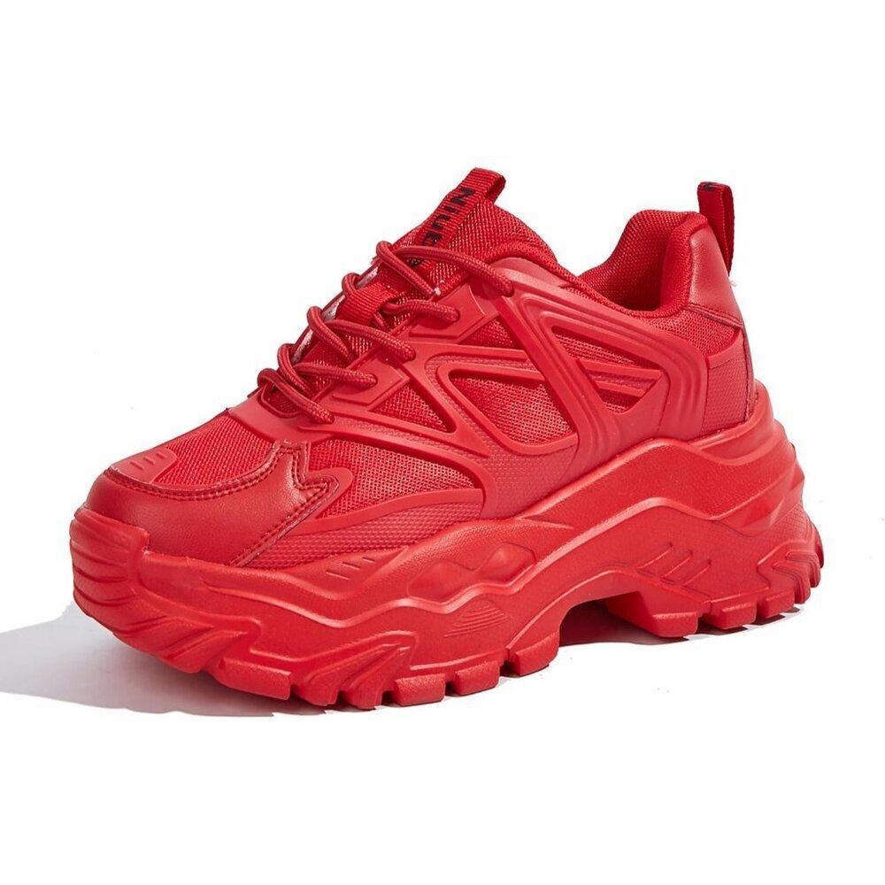 Women Red Platform Casual Tennis Lace Up Chunky Sneakers Shoes